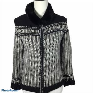 Black & White Fair Isle Zip‎ Fur Collar Cardigan